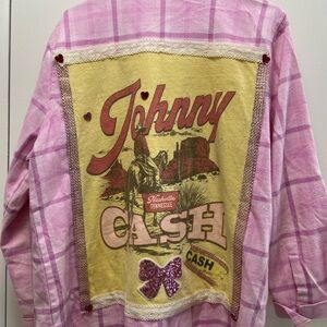 Denim & Co. Large Pink Plaid Button Down Shirt with Johnny Cash Graphic